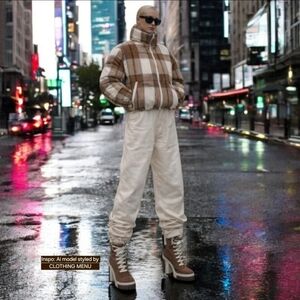 EDIKTED Plaid Crop Puffer Jacket Brown Tan Cream Cotton Blend Women’s Size M